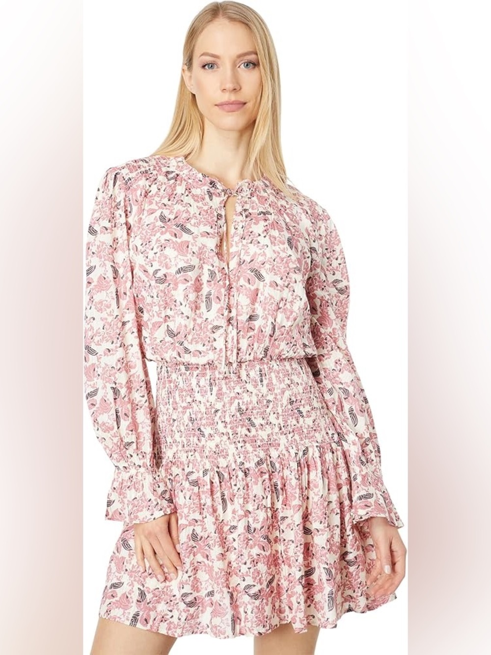 Tie-Neck Smocked Waist Mini Dress Pink Floral Size Medium - Picture 11 of 11